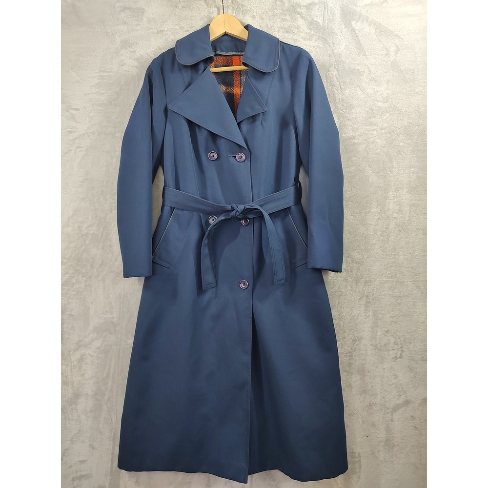 Vintage Navy Blue Double Breasted Trench Coat with Removable Plaid Liner Size 8